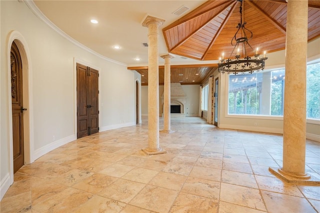 178 Hampton Point Dr, Saint Simons Island, GA 31522 - unfurnished room with plenty of natural light, a chandelier, crown molding, wooden ceiling, and recessed lighting