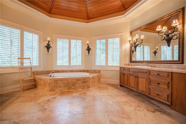 178 Hampton Point Dr, Saint Simons Island, GA 31522 - bathroom with a bath, vanity, ornamental molding, wood ceiling, and a chandelier