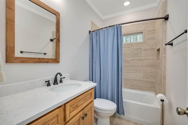 full bathroom with crown molding, shower / tub combo, vanity, and toilet