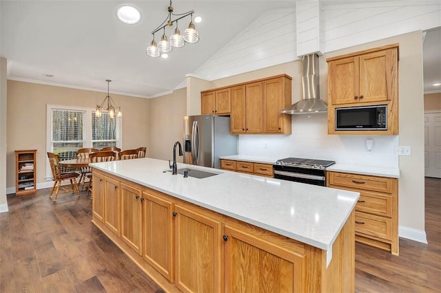 kitchen with wall chimney exhaust hood, sink, hanging light fixtures, stainless steel appliances, and a kitchen island with sink