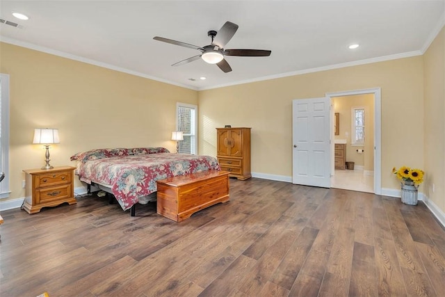 bedroom with ornamental molding, connected bathroom, hardwood / wood-style floors, and ceiling fan