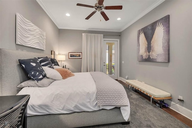 bedroom with ceiling fan, dark hardwood / wood-style flooring, access to exterior, and crown molding