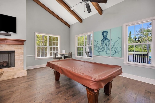 recreation room featuring beamed ceiling, dark hardwood / wood-style flooring, high vaulted ceiling, and pool table