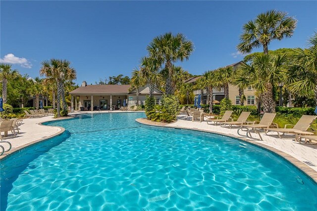 view of swimming pool with a patio