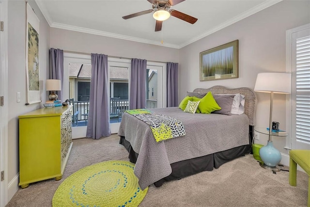 bedroom with ceiling fan, crown molding, light carpet, and access to outside