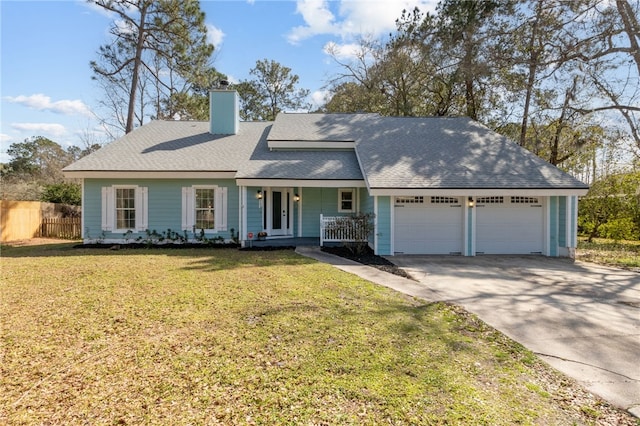view of front of home featuring a chimney, concrete driveway, an attached garage, fence, and a front lawn