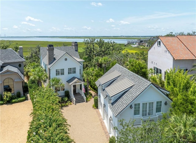 aerial view featuring a water view