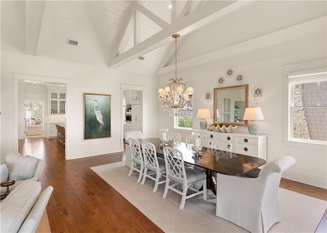 dining area with hardwood / wood-style floors, a notable chandelier, a healthy amount of sunlight, and beam ceiling