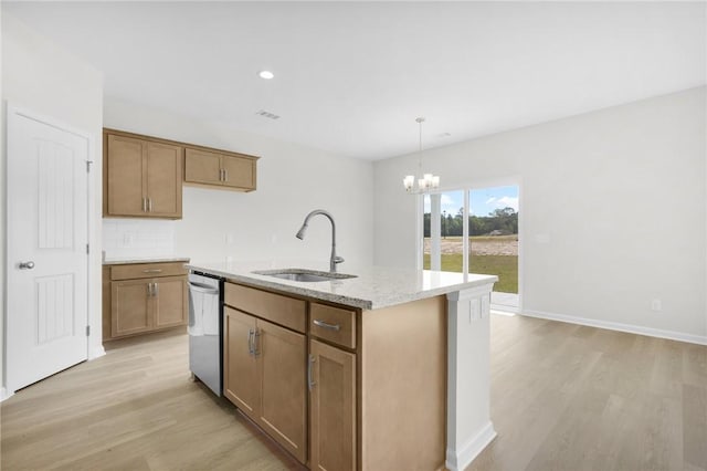 11026 Woodland Trl, Brunswick, GA 31525 - kitchen featuring a sink, stainless steel dishwasher, light wood-style flooring, a chandelier, and recessed lighting