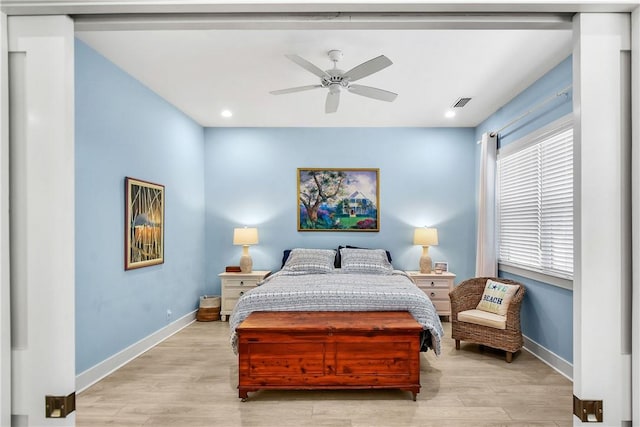 bedroom with ceiling fan and light wood-type flooring