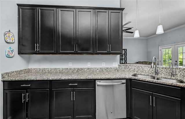 326 Daniel Trent Way, Kingsland, GA 31548 - kitchen with stainless steel dishwasher, a sink, dark cabinetry, and ornamental molding