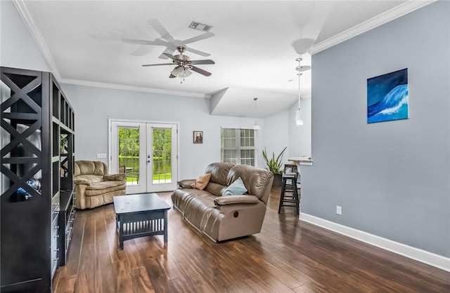 326 Daniel Trent Way, Kingsland, GA 31548 - living area featuring ceiling fan, dark wood-style flooring, french doors, crown molding, and baseboards