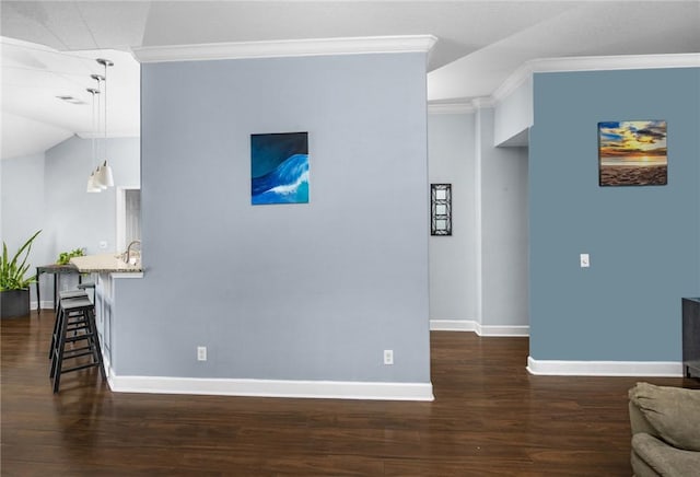 326 Daniel Trent Way, Kingsland, GA 31548 - living room featuring baseboards, dark wood finished floors, and ornamental molding