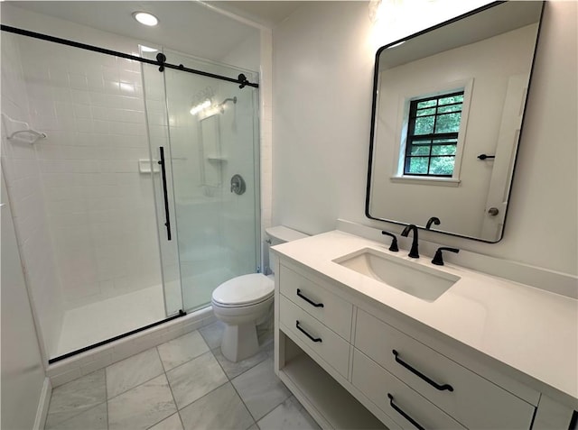 full bathroom with vanity, toilet, a stall shower, and recessed lighting
