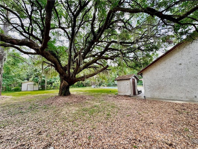 view of yard featuring a storage shed and an outdoor structure