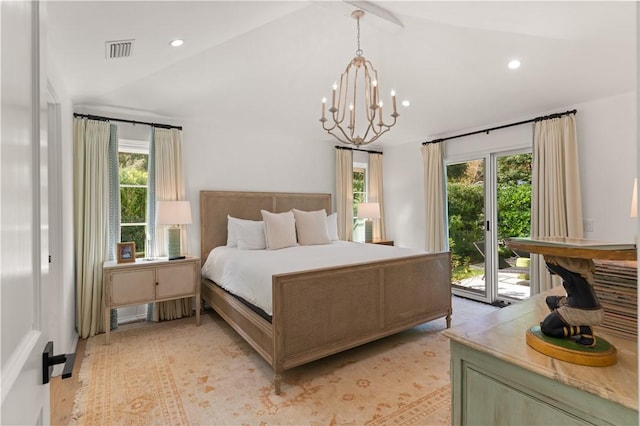 bedroom featuring access to exterior, lofted ceiling, recessed lighting, visible vents, and a chandelier