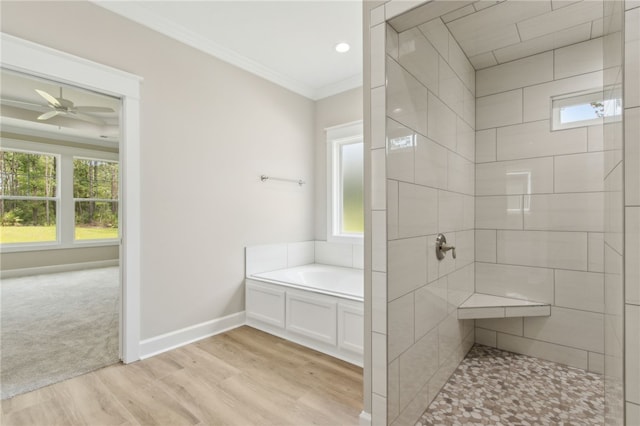 180 Ossabaw Way, Waverly, GA 31565 - full bath featuring crown molding, healthy amount of natural light, a garden tub, wood finished floors, and a tile shower