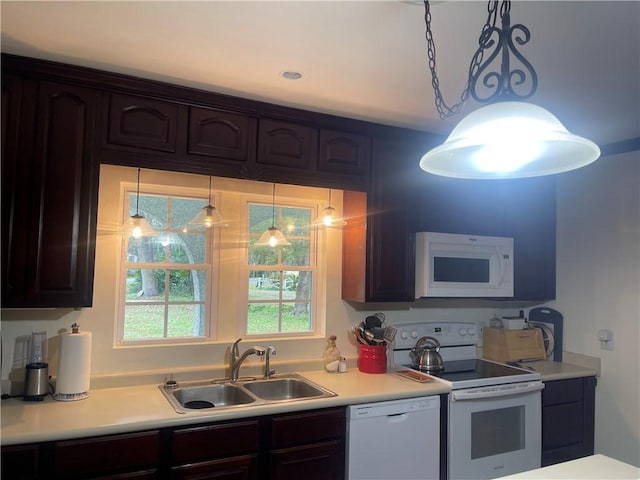 kitchen with pendant lighting, sink, white appliances, and dark brown cabinetry