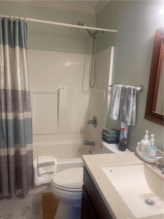 full bathroom with shower / bathtub combination with curtain, vanity, crown molding, and toilet