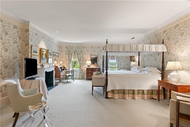 carpeted bedroom featuring crown molding