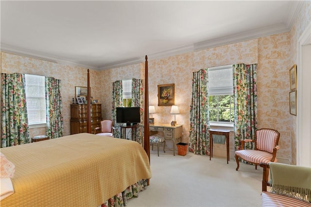 carpeted bedroom with multiple windows and ornamental molding