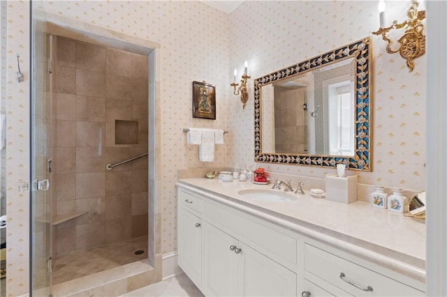 bathroom featuring vanity and walk in shower