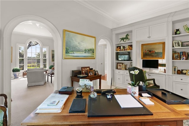 office area featuring built in shelves, light colored carpet, and ornamental molding