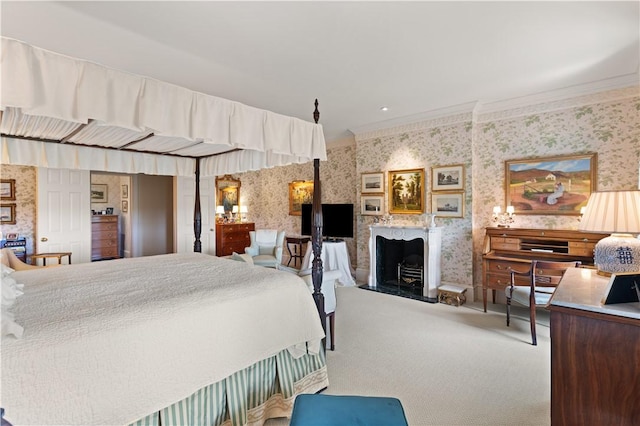 carpeted bedroom featuring crown molding