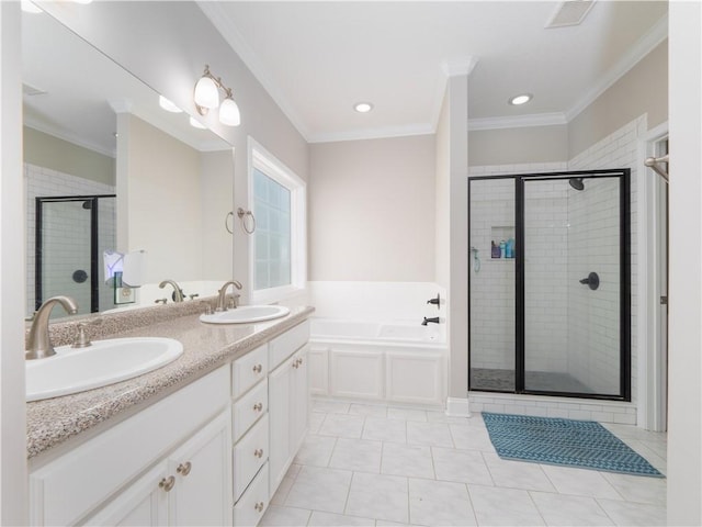 bathroom with vanity, tile patterned floors, ornamental molding, and independent shower and bath