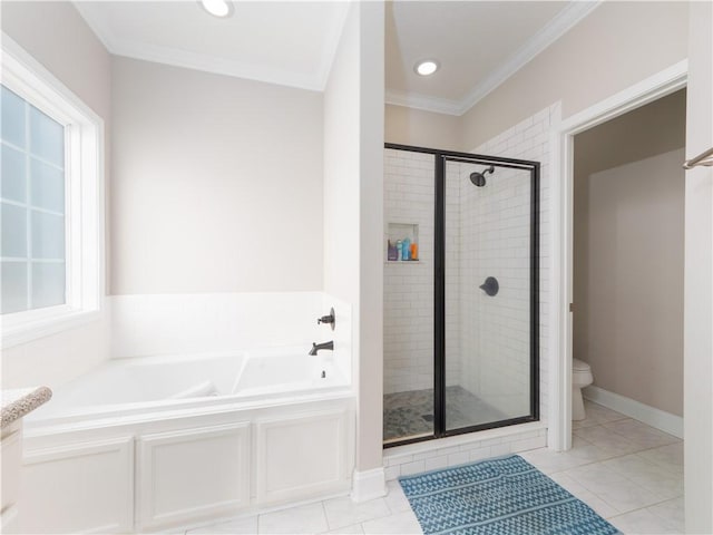 bathroom featuring tile patterned flooring, crown molding, plus walk in shower, and toilet