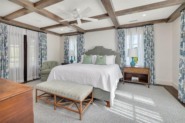 bedroom featuring beamed ceiling, ceiling fan, and coffered ceiling