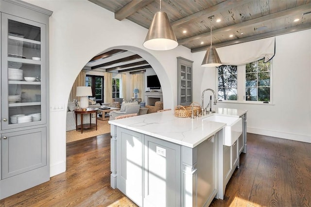 kitchen with gray cabinetry and a kitchen island with sink