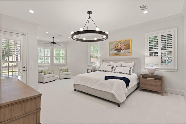 bedroom featuring baseboards, visible vents, light colored carpet, crown molding, and recessed lighting