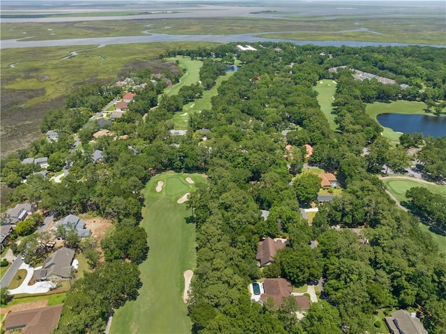 bird's eye view with a residential view, view of golf course, and a water view