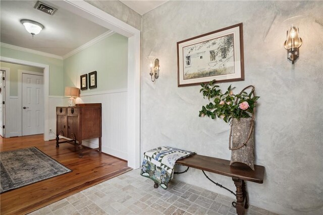 living room with hardwood / wood-style floors, crown molding, french doors, and ceiling fan