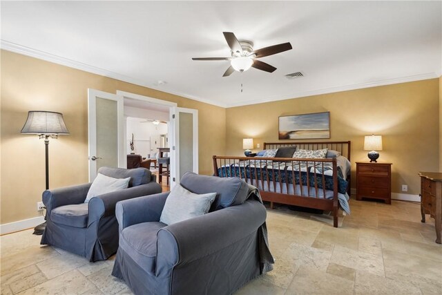 bedroom with crown molding and ceiling fan