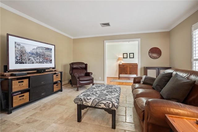 living room with crown molding