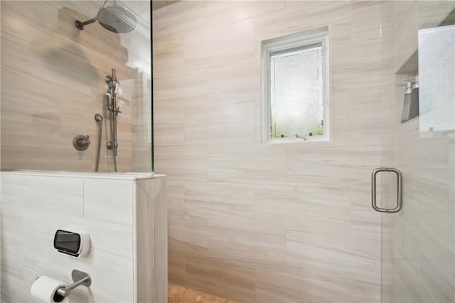 bathroom featuring a shower with door