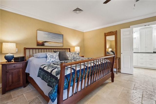 bedroom with ceiling fan and ornamental molding