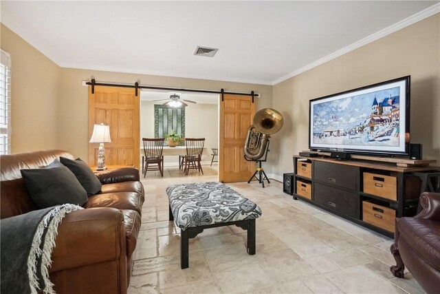 bedroom featuring ornamental molding and ceiling fan