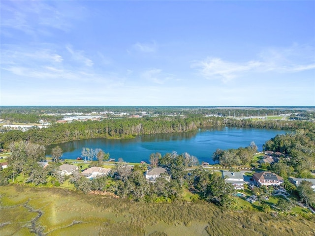 drone / aerial view with a water view