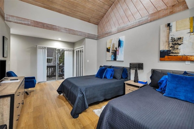 bedroom with lofted ceiling, access to exterior, wood ceiling, and light wood-type flooring