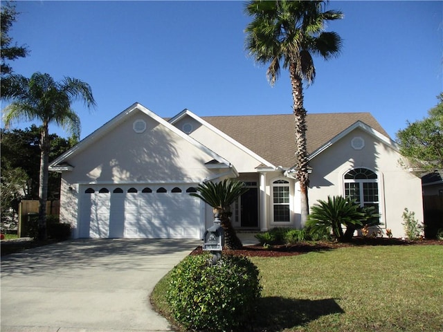 ranch-style house featuring a front yard and a garage