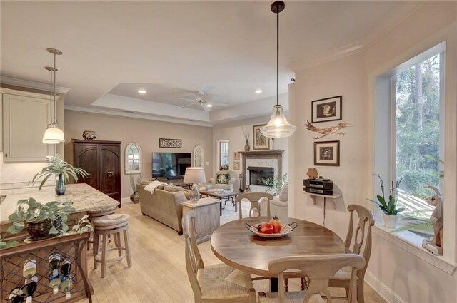 dining space with ornamental molding, a tray ceiling, ceiling fan, and light hardwood / wood-style floors