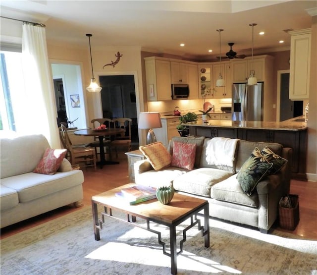 living room featuring ceiling fan and light hardwood / wood-style flooring