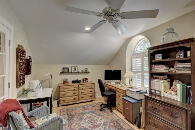 office with ceiling fan and lofted ceiling