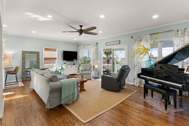 221 River Ridge Rd, Brunswick, GA 31523 - living room featuring recessed lighting, a ceiling fan, crown molding, and wood finished floors