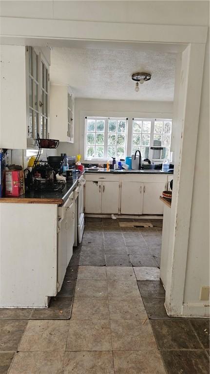 kitchen featuring white cabinets, glass insert cabinets, and a sink