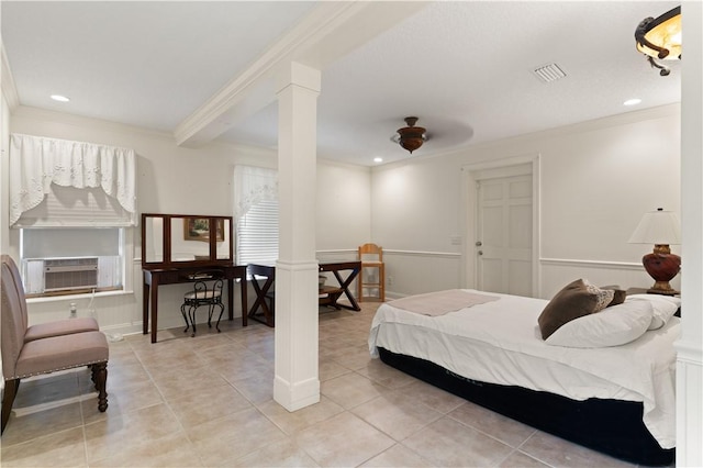 bedroom with ceiling fan, crown molding, and light tile patterned flooring