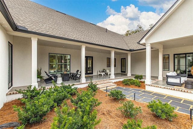 view of swimming pool featuring ceiling fan and a patio area